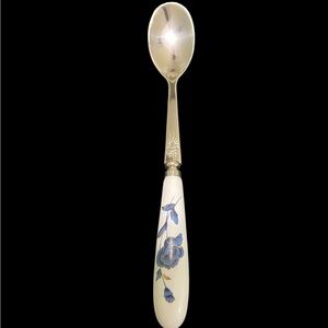 Stainless 18-10 Tea Jam Spoon w/ White Porcelaine Handle Blue Flowers Gold-Trim